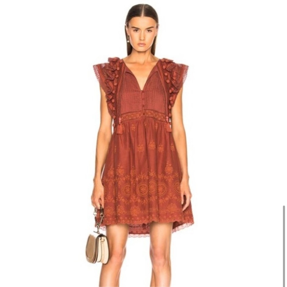 SEA New York Designer Orange Pom Pom Ruffle Sophie Lace Tunic Dress Size 10